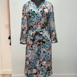 Abstract Floral Belted Shift Dress | Long Sleeve V-Neck Knee Length
